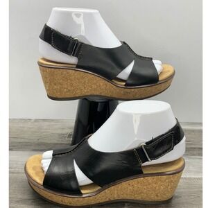 Clarks Collection Black Leather Cork Wedge Sandals Womens 6.5 M Slingback